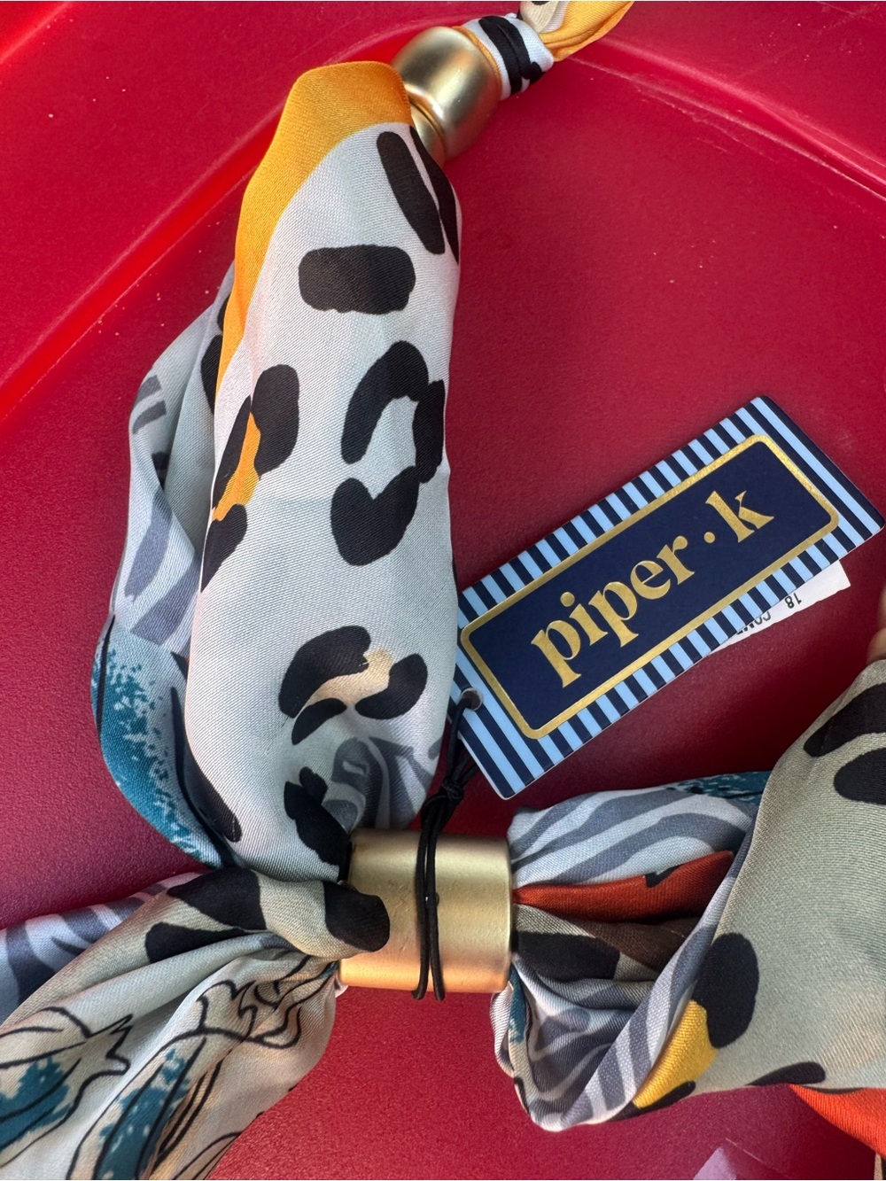 Piper K Printed Silk-Style Necklace Scarf in Blue & Orange w/ animal print too! - Picture 2 of 6